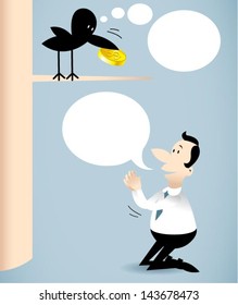 Crow and businessman.Vector illustration on a businessman who persuades crow to release the coin.