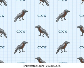 Crow cartoon character seamless pattern on blue background. Pixel style
