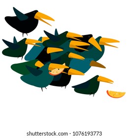 Crow cartoons, a stylized green-blue flying flock of one crow with a piece of cheese in its beak, the birds are funny.