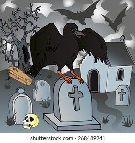 Crow in the cemetery - vector illustration.