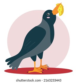 A crow with cheese in its beak. Raven is a children's vector illustration for the design of encyclopedias and educational games in the flat style. Isolated on a white background