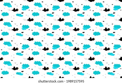 The crow and clouds cartoon. The crow flying in sky.