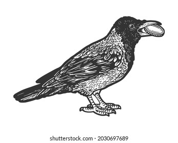 Crow with coin in its beak sketch engraving vector illustration. T-shirt apparel print design. Scratch board imitation. Black and white hand drawn image.