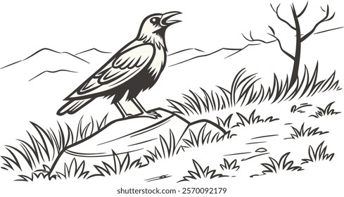 Crow Coloring Book Page Vector Illustration