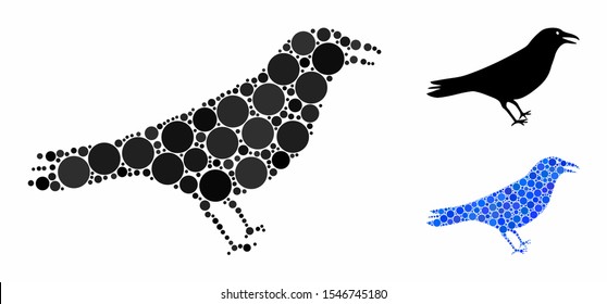 Crow composition of filled circles in different sizes and shades, based on crow icon. Vector filled circles are organized into blue composition. Dotted crow icon in usual and blue versions.