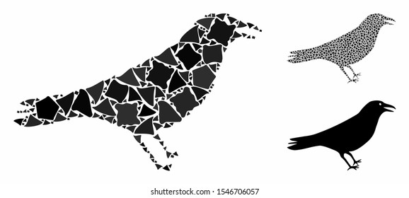 Crow composition of raggy parts in various sizes and color tinges, based on crow icon. Vector rough parts are grouped into composition. Crow icons collage with dotted pattern.