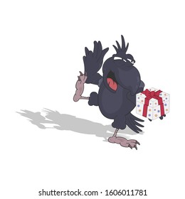 The crow dances and holds a box with a gift. Cartoon vector illustration isolated on white background with shadow.