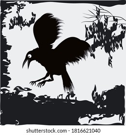 Crow en un bosque abstracto oscuro - fondo negro y blanco - vector. Brujería. Magia. Fiesta de Halloween