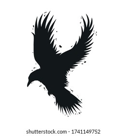 Crow with dirty effect isolated on white. Ink splatters.Vector illustration.