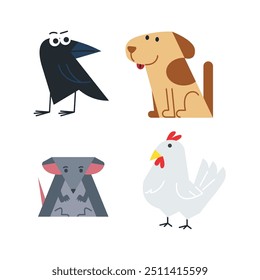 Cuervo, perro, rata y gallo en forma geométrica linda y simple