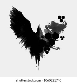 The crow is drawn in ink, the wings of a raven. Silhouette of a crow. Strokes