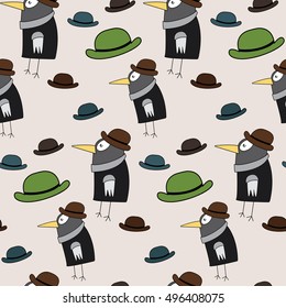 Crow and  English hat. Vector pattern