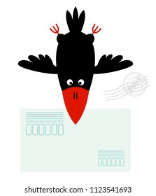 A crow with an envelope in its beak. Animated character in the style of cartoon. Isolated object on white background. Vector illustration.