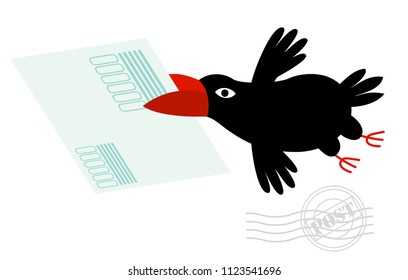 A crow with an envelope in its beak. Animated character in the style of cartoon. Isolated object on white background. Vector illustration.
