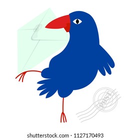 A crow with an envelope in its beak. Animated character in the style of cartoon. Isolated object on white background. Vector illustration.