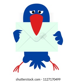 A crow with an envelope in its beak. Animated character in the style of cartoon. Isolated object on white background. Vector illustration.