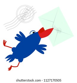 A crow with an envelope in its beak. Animated character in the style of cartoon. Isolated object on white background. Vector illustration.