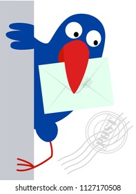 A crow with an envelope in its beak. Animated character in the style of cartoon. Isolated object on white background. Vector illustration.