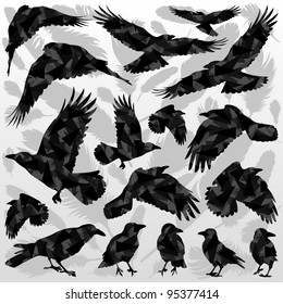 Crow and feathers silhouettes illustration collection background vector