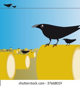 Crow in the field. Vector illustration.