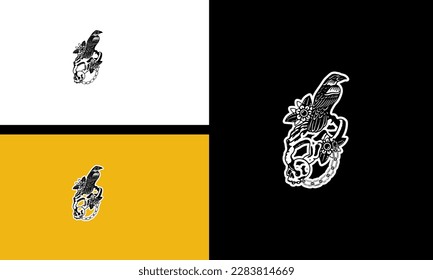 Crow and flowers vector line art design