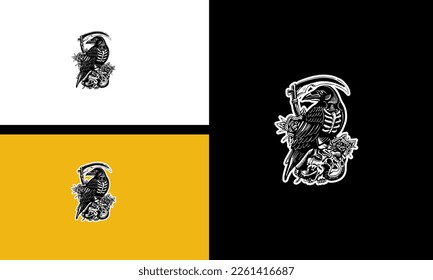 crow and flowers vector outline design
