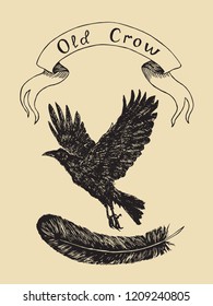Crow flying with black feather and label banner old crow, hand drawn doodle, sketch outline, vector illustration on soft yellow background