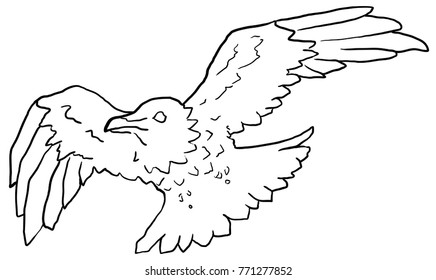 Crow flying black line drawing, vector illustration, horizontal, over white, isolated