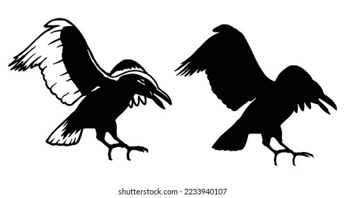 Crow flying and landing with open wings vector illustration, raven landing icon, logo, tattoo