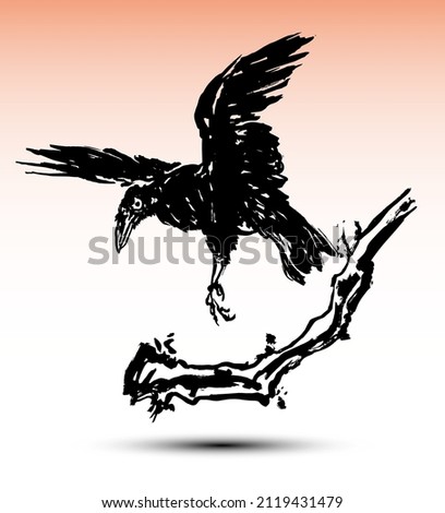 Crow flying on a branch. Japanese style traditional ink woodblock printing on watercolor sunset sky.