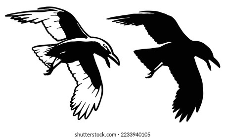 crow flying and roaring with open wings vector illustration. raven logo of flying and roaring. raven tattoo