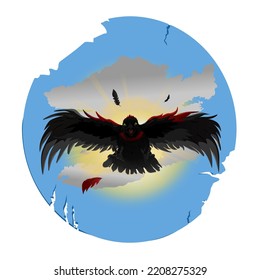A crow flying in the sky with the sunset behind