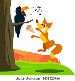 Crow and Fox Fabl Vector Illustration for Children Books, Magazines, Web Pages, Blogs. White Background Isolated.