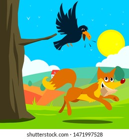 crow and fox fable vector illustration.