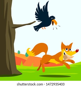 crow and fox fable vector illustration. white background isolated