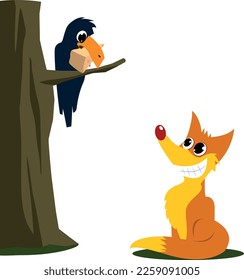 crow and fox fable vector illustration. white background isolated