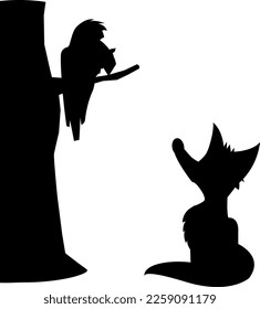 crow and fox fable vector illustration. silhouette. white background isolated