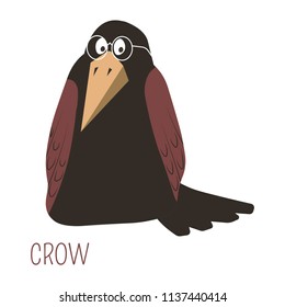 Crow in glasses childish cartoon book character