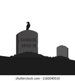 Crow grave tomb silhouette. Poster in a dark style for Halloween party