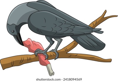 A crow having a meat piece while sitting on a tree branch