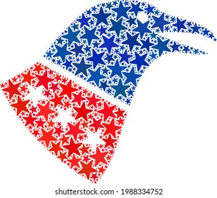 Crow head mosaic of stars in various sizes and color tinges. Crow head illustration uses American official blue and red colors of Democratic and Republican political parties, and star parts.