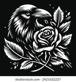 Cabeza de cuervo con flor rosa Grunge estilo de cosecha de vintage Ilustración de color negro y blanco