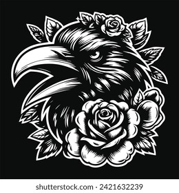 Crow Head with Rose Flower Grunge Vintage Style Hand Drawn Illustration Black and White
