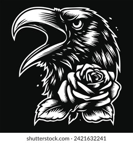Crow Head with Rose Flower Grunge Vintage Style Hand Drawn Illustration Black and White