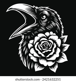 Crow Head with Rose Flower Grunge Vintage Style Hand Drawn Illustration Black and White