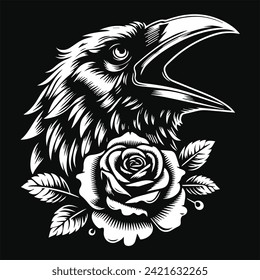 Crow Head with Rose Flower Grunge Vintage Style Hand Drawn Illustration Black and White