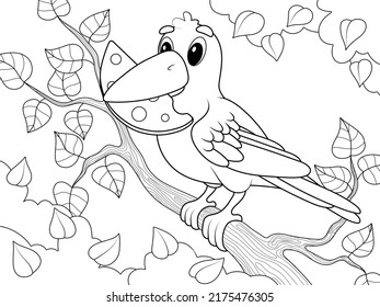 Crow Holds Cheese In Its Beak. Background Trees And Foliage. Children Coloring Book.