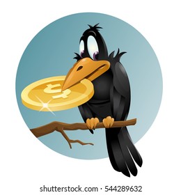 Crow holds dollar symbol. Cartoon styled vector illustration. Elements is grouped and divided into layers for easy edit.