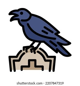 Crow Icon. Filled Outline Design. Crow Stand On Grave. Scary Halloween Crow. Holiday Event Halloween. Vector Illustration.