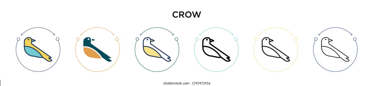 Crow icon in filled, thin line, outline and stroke style. Vector illustration of two colored and black crow vector icons designs can be used for mobile, ui, web